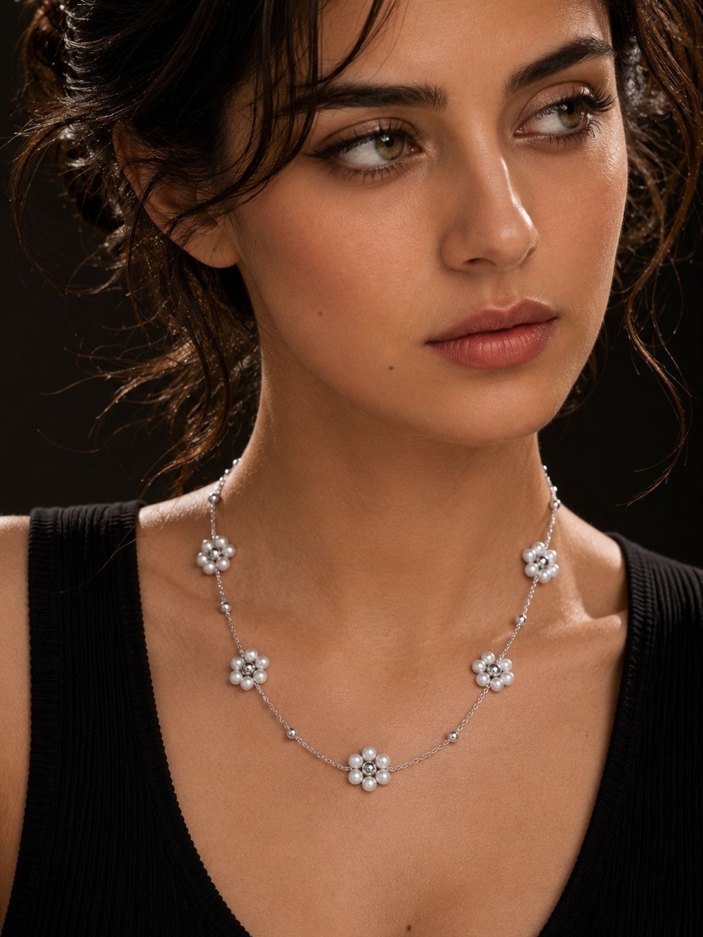 Silver and White Pearl Flower Station Necklace